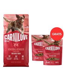 CARNILOVE Active Dog Venision and Reindeer Adult 12 kg zverina, soby a diviaky pre psov + CARNILOVE Dog Jerky Turkey with Venision 2x100g GRATIS