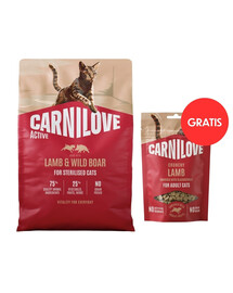 CARNILOVE Active Cat Lamb and Wild Boar Sterilised 2 kg pre sterilizované mačky + CARNILOVE Crunchy Snack Cat Lamb 50 g ZADARMO