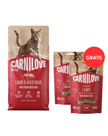 CARNILOVE Active Cat Lamb and Wild Boar Sterilised 6 kg pre sterilizované mačky  + CARNILOVE Crunchy Snack Cat Lamb 2x50 g ZADARMO