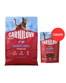 CARNILOVE Active Cat Salmon and Turkey Adult 2 kg losos a morka pre všetky mačky + CARNILOVE Crunchy Snack Cat Losos 50 g ZADARMO
