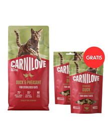 CARNILOVE Active Cat Duck and Pheasant Sterilised 6 kg pre sterilizované mačky + CARNILOVE Crunchy Snack Cat Duck 2x50 g ZADARMO
