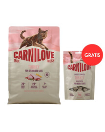 CARNILOVE True Fresh Cat Turkey Sterilised 2 kg pre sterilizované mačky + CARNILOVE Freeze-Dried Snack Cat Turkey 40 g ZADARMO