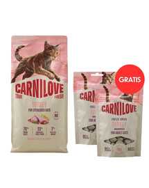CARNILOVE True Fresh Cat Turkey Sterilised 6 kg pre sterilizované mačky + CARNILOVE Freeze-Dried Snack Cat Turkey 2x40 g ZADARMO