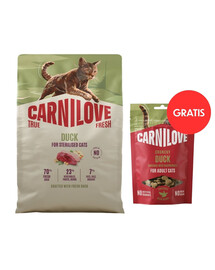CARNILOVE True Fresh Cat Duck Sterilised 2 kg pre sterilizované mačky + CARNILOVE Crunchy Snack Cat Duck 50 g ZADARMO