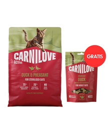 CARNILOVE Active Cat Duck and Pheasant Sterilised 2 kg pre sterilizované mačky + CARNILOVE Crunchy Snack Cat Duck 50 g ZADARMO