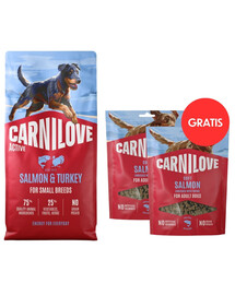 CARNILOVE Active Dog Salmon & Turkey Adult Small Breeds 12 kg losos a morka pre psy malých plemien + CARNILOVE Dog Soft Snack Salmon Small Bite 2x200g GRATIS