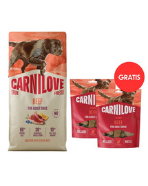CARNILOVE True Fresh Dog Beef Adult 12 kg s čerstvým hovädzím mäsom pre psov + CARNILOVE Dog Jerky Beef Fillet 2x100g GRATIS