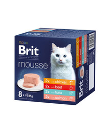 BRIT Premium by Nature Cat Mousse Multipack Mix 8x85 g pena s kuracím mäsom, hovädzím mäsom, tuniakom a lososom pre mačky