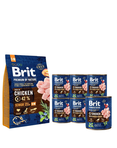 BRIT Premium By Nature Senior Small Medium S+M 3 kg + BRIT kuracie v konzerve 6 x 800 g