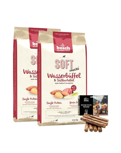 BOSCH Soft Maxi Granule pre psov vodný byvol a batáty 2 x 12,5 kg + tyčinky natural  s diviačieho mäsa 7 ks.
