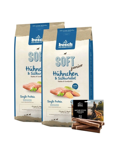BOSCH Soft junior kuracie mäso a sladké zemiaky 2 x 12,5 kg +  hovädzie tyčinky 7 ks.