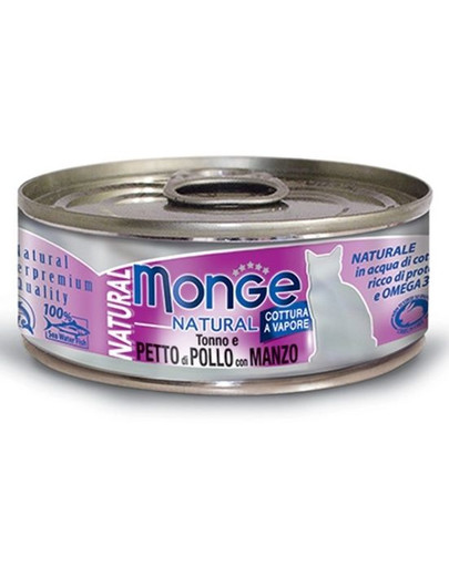 MONGE Natural Cat Tuniak, kura a hovädzie 80g