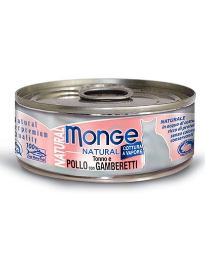 MONGE Natural Cat Tuniak, kura a krevety 80g