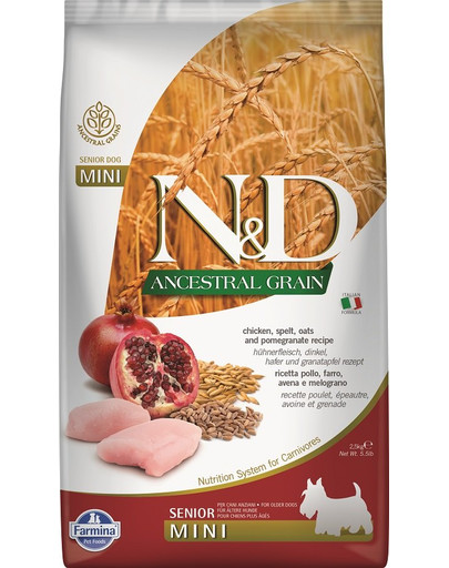 N&D Ancestral Grain Dog Senior Mini – Krmivo pre psov s kuracím mäsom, špaldou, ovsom a granátovým jablkom  2,5 kg