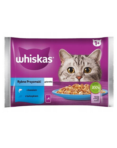 WHISKAS Adult kapsička 4x85g Rybie pochúťky krmivo pre dospelé mačky v želé s: lososom, tuniakom
