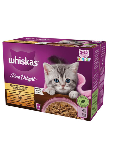WHISKAS Pure Delight Junior Hydinové lahôdky s kuracím, morčacím, hydinovým a kačacím v želé 12x85g