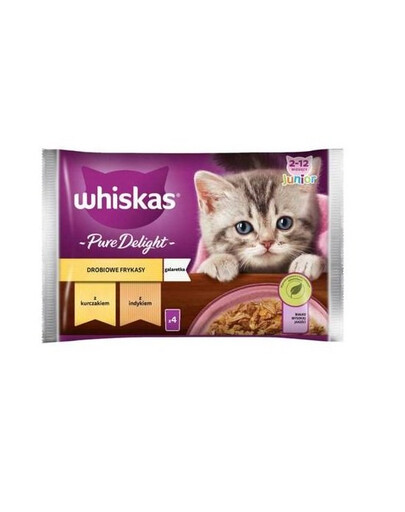 WHISKAS Junior kapsička 4x85g Chicken Frikasy krmivo pre mačiatka v želé s: kuracím mäsom, morkou