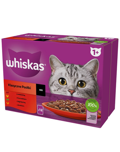 WHISKAS krmivo pre dospelé mačky hydinové vrecko jahňacie, hovädzie, kuracie 12x85g v omáčke