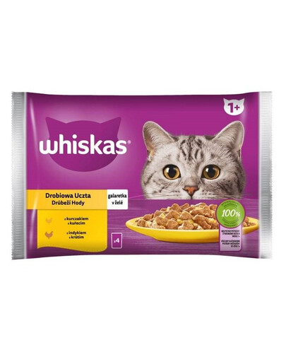 WHISKAS Poultry Feast želé vrecko s morčacím a kuracím mäsom 4x85g - krmivo pre dospelé mačky