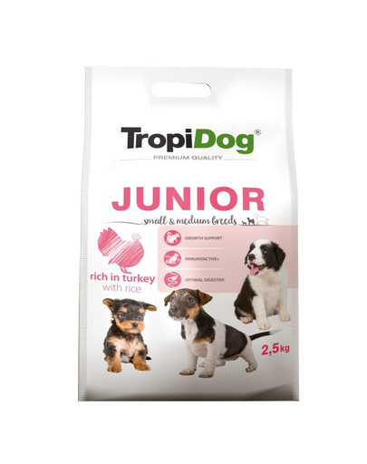 TROPIDOG Premium Junior S&M Granule pre šteňatá malých a stredných plemien Morčacie mäso a ryža 2,5 kg
