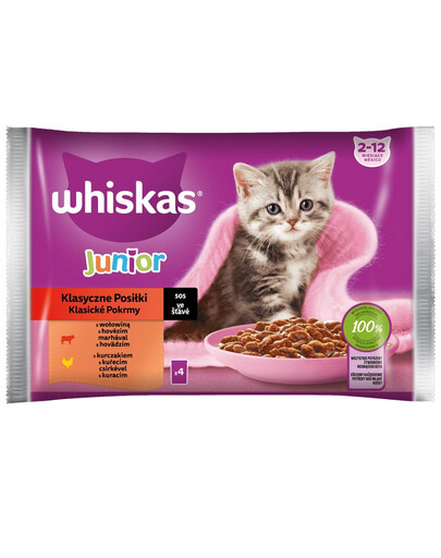 WHISKAS Junior vrecko 4x85g Classic Meals krmivo pre mačiatka v omáčke s hovädzím a kuracím mäsom