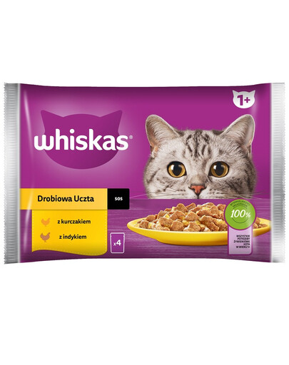 WHISKAS Adult 85 g vrecúško Hydinové hody krmivo pre dospelé mačky v omáčke s: kuracím, morčacím