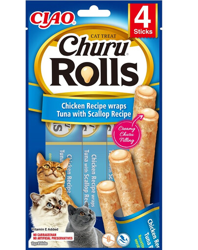 INABA Churu Rolls Chicken 4x10g wrapy s kuracím mäsom, tuniakom a mušľami pre mačky