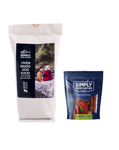 SIMPLY FROM NATURE Krmivo pečené v rúre s konským mäsom a lososom 1,2 kg + Prírodné tyčinky s konským mäsom 3 ks