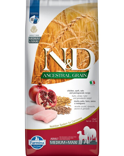 FARMINA N&D Ancestral Grain dog Adult Medium & Maxi Chicken & pomegranate 12 kg