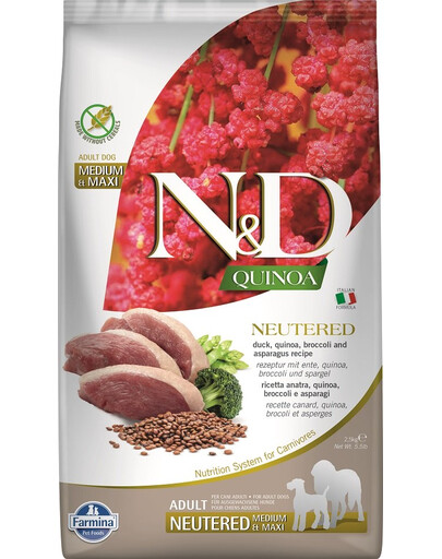 N&D Quinoa Dog Neutred Adult Medium & Maxi Granule pre psy po kastrácii kačica, brokolica a špargľa 2,5 kg