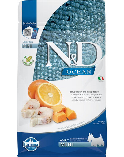 N&D Ocean Adult mini Granule -  treska, tekvica a pomaranč  800 g