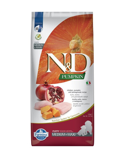 N&D Pumpkin Dog Puppy Medium Maxi Granule pre šťeňatá kura, tekvica a granátové jablko 12 kg