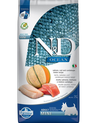 N&D Ocean Dog Adult Mini Krmivo pre psov s lososom, treskou & melónom 7 kg