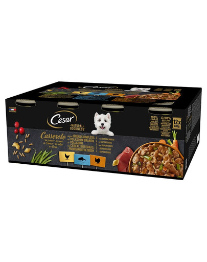 CESAR Natural Goodness Casserole 12x400 g s kuracím mäsom, s bielou rybou, s morčacím mäsom v omáčke s celozrnnými obilninami pre dospelých psov