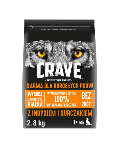 CRAVE Bezzrnné granule s morčacím mäsom a kuracím mäsom pre psov 3 x 2,8 kg
