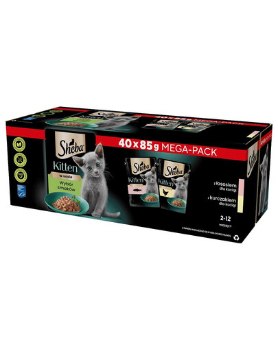 SHEBA Kitten mix príchutí maškrty pre mačiatka v omáčke 40x85g v omáčke kúsky s lososom, kura pre mačiatka
