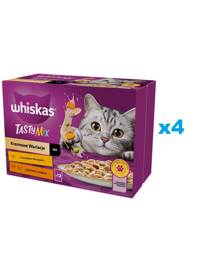 WHISKAS Adult Krémové variácie v omáčke 48x85g s kuracím mäsom a zeleninou, jahňacím a morčacím mäsom