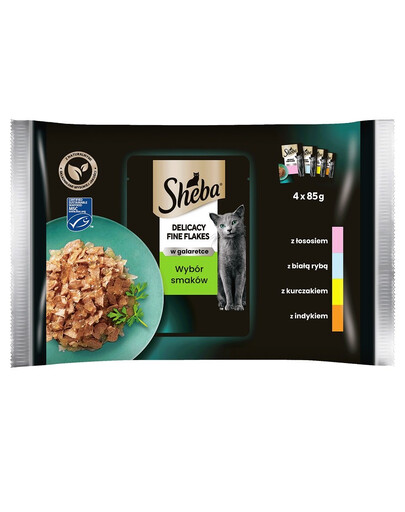 SHEBA Fine Flakes in Jelly kapsička - krmivo pre mačky v želé (s bielou rybou, lososom, morkou, kuraťom) 4x85g