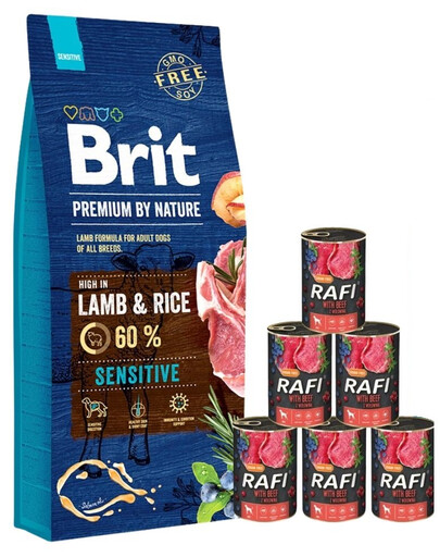 BRIT Premium By Nature Sensitive Lamb 15 kg + mokré krmivo s hovädzím mäsom 6x400 g