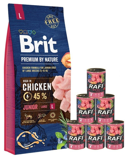 BRIT Premium By Nature Junior Large L 15 kg + mokré teľacie krmivo 6x400 g