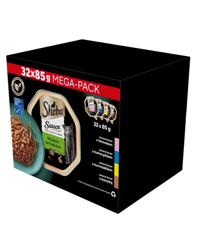 SHEBA Sauce Collection 32×85 g Vaničky v omáčke s lososom, tuniakom, kuracím mäsom a kačicou