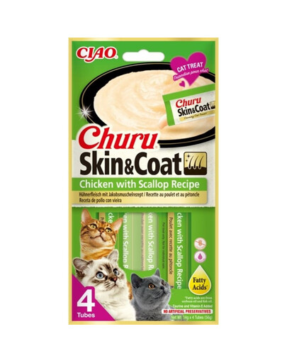 INABA Churu Skin&Coat 4x14g s kuracím mäsom a mušľou pre mačku