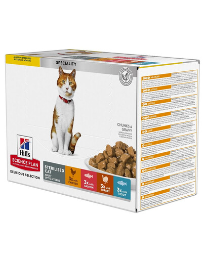 HILL'S Science Plan Feline Young Adult Sterilised Cat Multipack s kuracím mäsom, s pstruhom, s tuniakom, s lososom 12x85 g