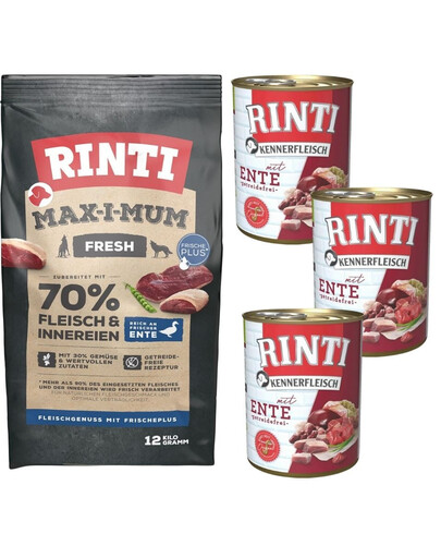 RINTI MAX-I-MUM Duck s kačicou 12 kg + Kennerfleisch Duck kačica konzerva 3x400 g
