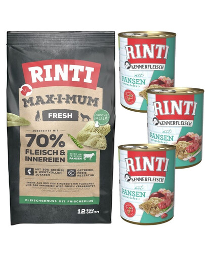 RINTI MAX-I-MUM Rumen s bachorom 12 kg + Kennerfleisch Rumen s bachorom 3x400 g