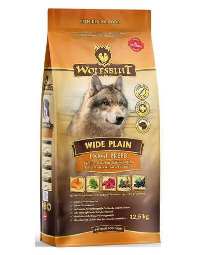 WOLFSBLUT Wide Plain Large Breed Adult suché krmivo pre veľké plemená alergických psov s konským mäsom a sladkými zemiakmi 12,5 kg