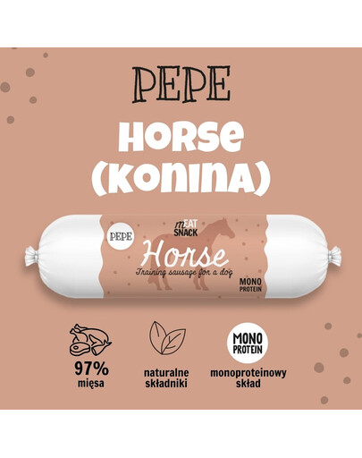PAKA ZWIERZAKA PEPE Meat Snack Mäsová pochúťka Konská klobása pre psov 200g