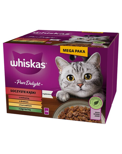 WHISKAS Adult Pure Delight Juicy Bites v želé 24x85 g kúsky s hovädzím, kuracím, jahňacím, hydinovým mäsom pre dospelé mačky