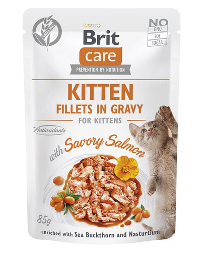BRIT CARE Fillets in Gravy Pouch Kitten Savory Salmon 24x85g s lososom pre mačiatka