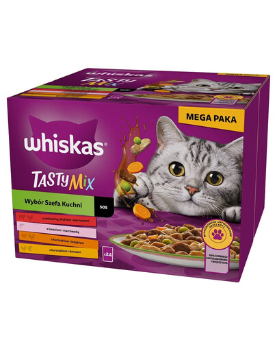 WHISKAS Adult Tasty Mix 24x85g Kapsička s hovädzím mäsom, lososom, kuracím, morčacím mäsom a treskou